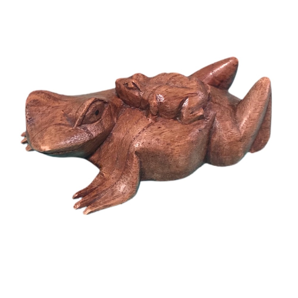 Hand carved wooden frog mother and baby
